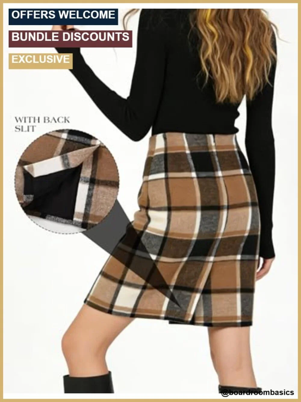 Wool Blend Plaid Midi Pencil Skirt High Waisted Back Slit